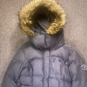 Abercrombie Fitch Jacket Womens Large Gray Down Puffer Hooded Faux Fur Parka